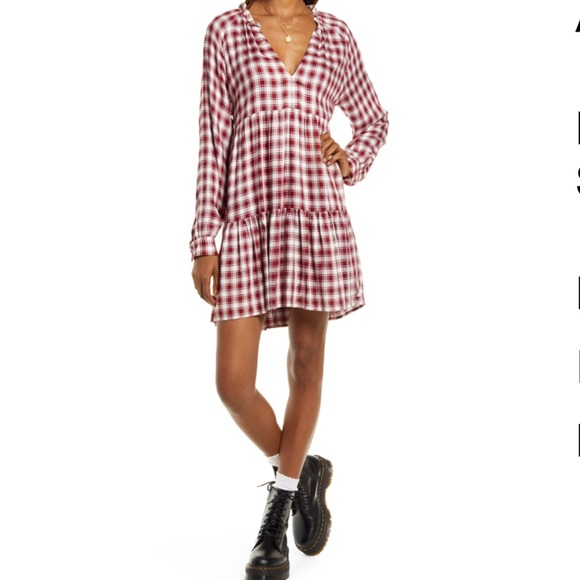 BB Dakota by Steve Madden Plaid to Be You Long Sleeve Babydoll Minidress - Picture 1 of 5